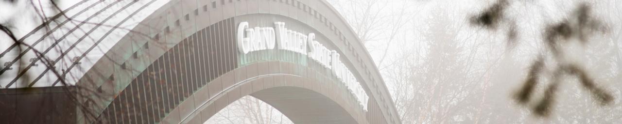 GVSU entry arch in the fog